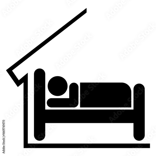 Logo habitación de hotel. Icono con silueta de hombre tumbado en la cama en la habitación de una casa