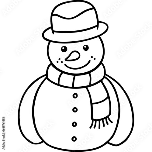 A cheerful snowman wearing a red hat and scarf stands happily with a broom against a white winter background, perfect for a Christmas holiday illustration