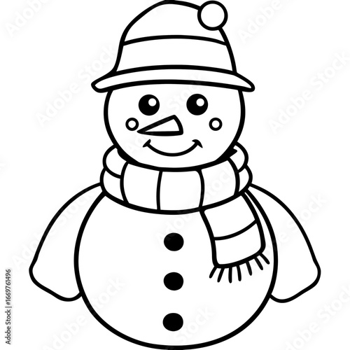 Cute, decorated snowman cartoon with a carrot nose, hat, scarf, and a broom, celebrating the cold winter season