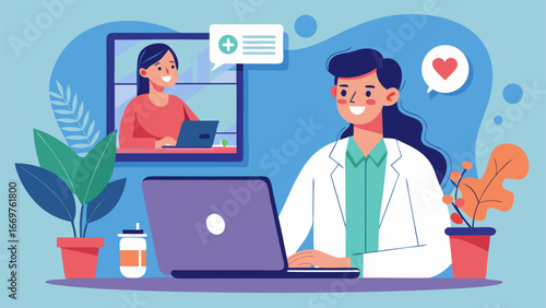 Female doctor providing telemedicine consultation to patient through video call on laptop