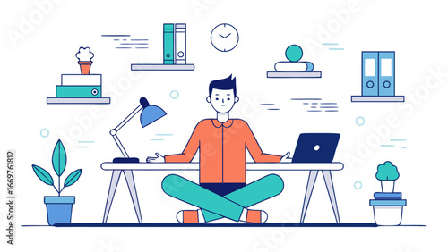 Man meditating at work desk in office surrounded by plants and laptop in minimalist styl