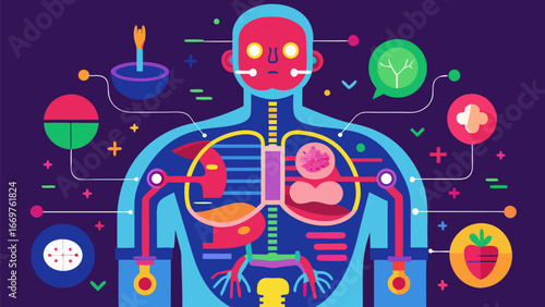 Colorful illustration of human anatomy with internal organs and health-related icons