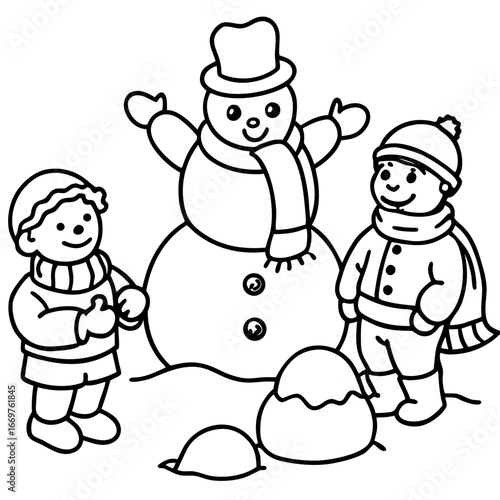 Happy cartoon children play with a snowman in the snow on a winter day