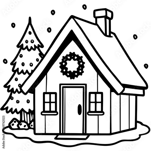 A solitary log house with a gabled roof stands nestled in a snow-covered clearing within a dense wood