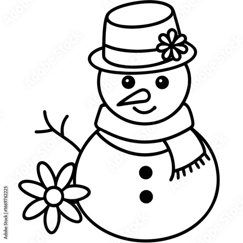 A festive snowman wearing a red hat and scarf smiles brightly in the winter snow