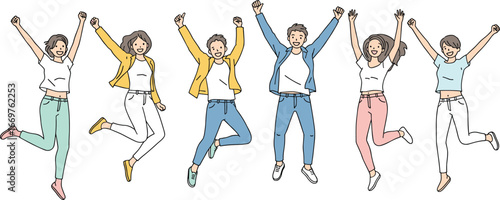 Group of happy young people jumping with excitement, cheerful friends celebrating, energetic pose, casual fashion, joy, fun, vector illustration on white background