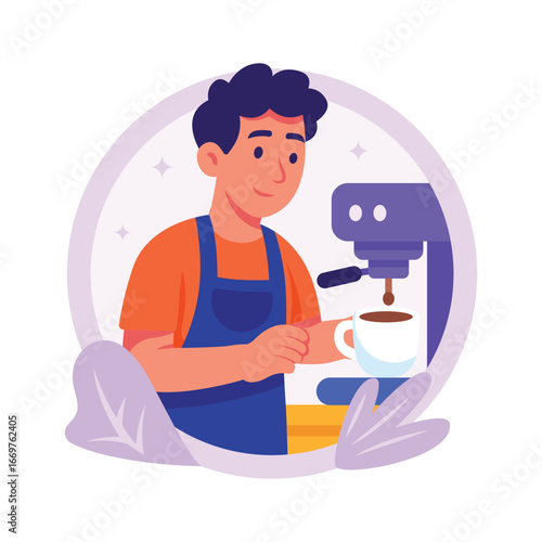 Happy barista making coffee with a coffee machine, flat illustration