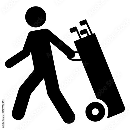 Icono silueta de jugador golf o caddy andando con bolsa con palos de golf 