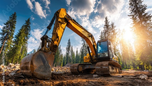 Yellow excavator in a forest clearing