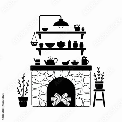 Cozy Kitchen Interior Illustration Fireplace, Shelves, and Home Decor in Black and White