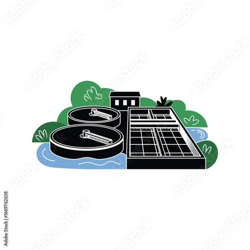 Sustainable water treatment plant with solar panels and green foliage representing environmental technology.