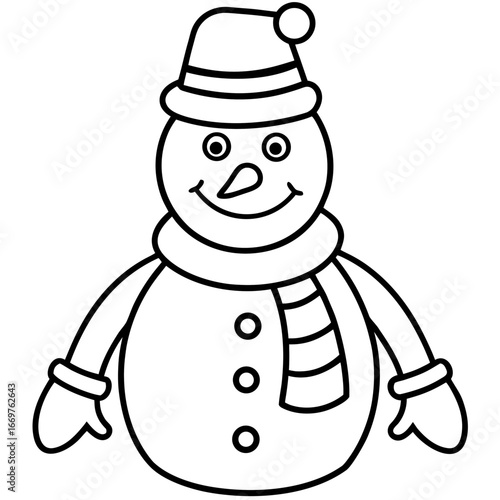 A cute cartoon snowman wearing a scarf and hat holds a broom in a fun winter illustration