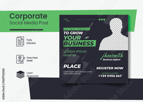 **Social Media Post for Business Growth**: A modern, sleek graphic design of a social media post template with the theme of growing a business and includes placeholders for copy and images.