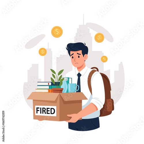 Flat style vector illustration of a sad businessman carrying a box labeled fired with personal belongings, symbolizing unemployment, financial stress, career loss, and economic challenges