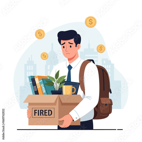 Flat style vectori llustration of a sad businessman carrying a box labeled fired with personal belongings, symbolizing unemployment, financial stress, career loss, and economic challenges