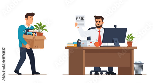Vector illustration of a boss firing an employee carrying a box of belongings, symbolizing workplace termination, job loss, unemployment, and corporate downsizing in a stressful office environment