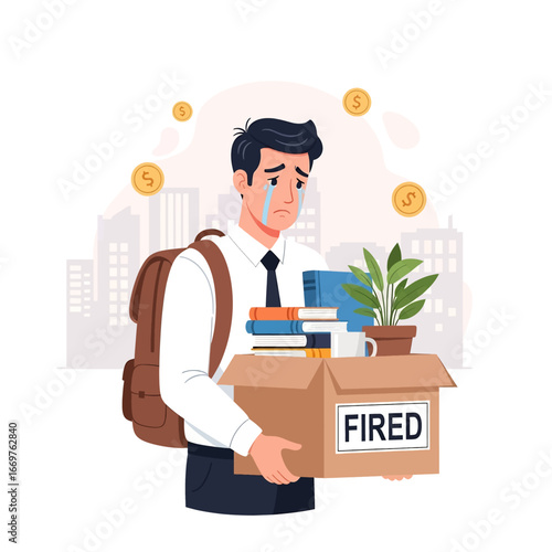 Flat style vector illustration of a sad businessman carrying a box labeled fired with personal belongings, symbolizing unemployment, financial stress, career loss, and economic challenges