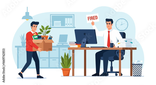 Vector illustration of a boss firing an employee carrying a box of belongings, symbolizing workplace termination, job loss, unemployment, and corporate downsizing in a stressful office environment