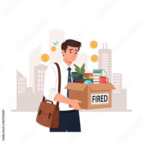 Flat style vector illustration of a sad businessman carrying a box labeled fired with personal belongings, symbolizing unemployment, financial stress, career loss, and economic challenges