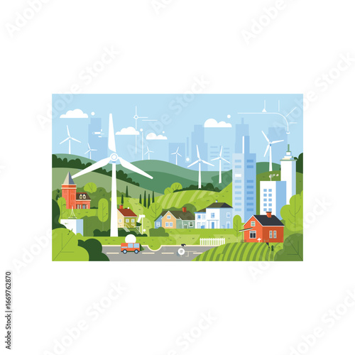Eco-friendly village powered by wind turbines and solar panels with modern buildings and green landscape