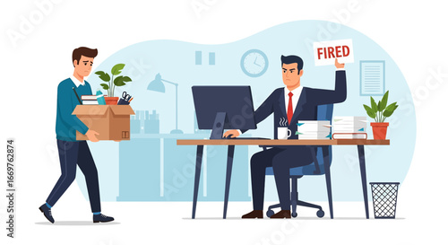 Vector illustration of a boss firing an employee carrying a box of belongings, symbolizing workplace termination, job loss, unemployment, and corporate downsizing in a stressful office environment