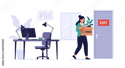 Vector illustration of a female employee leaving the office with a box labeled fired, symbolizing workplace termination, unemployment, career setback, and corporate downsizing