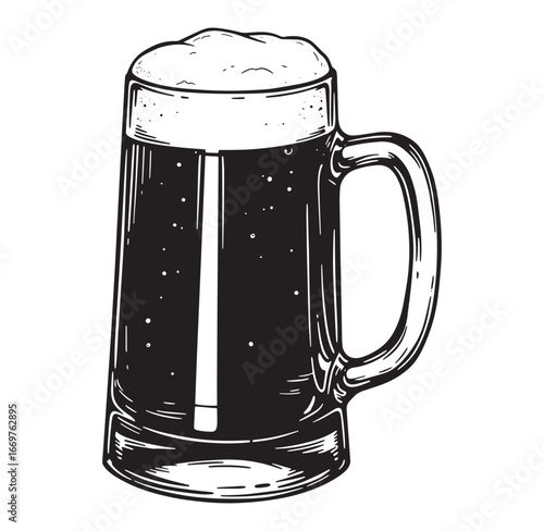 Hand drawn illustration of a beer mug with foamy head and dark beer inside