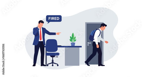Vector illustration of a boss firing an employee in an office, showing workplace dismissal, unemployment, and career challenges, symbolizing stress, job loss, and business management decisions