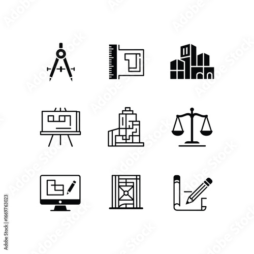 Collection of architectural and design icons representing planning drafting construction and legal aspects of building