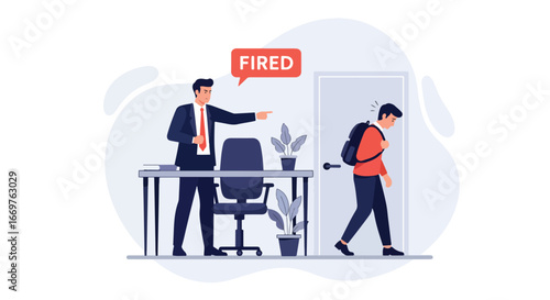 Vector illustration of a boss firing an employee in an office, showing workplace dismissal, unemployment, and career challenges, symbolizing stress, job loss, and business management decisions