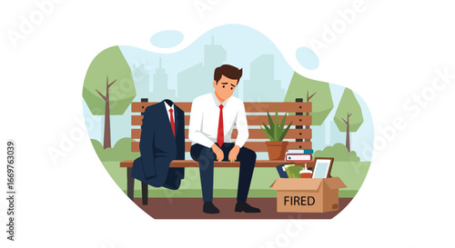 Vector art of a sad businessman sitting on a park bench after being fired, with personal belongings in a box, symbolizing unemployment, job loss, and career challenges