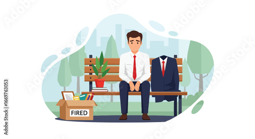 Vector art of a sad businessman sitting on a park bench after being fired, with personal belongings in a box, symbolizing unemployment, job loss, and career challenges
