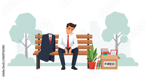 Vector art of a sad businessman sitting on a park bench after being fired, with personal belongings in a box, symbolizing unemployment, job loss, and career challenges