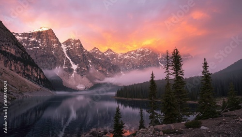 Dramatic Sunrise Over Snow-Capped Mountains and Alpine Lake
