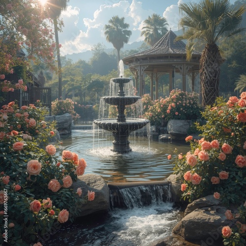 Romantic Garden Fountain with Roses and Gazebo – Serene Landscape Photography