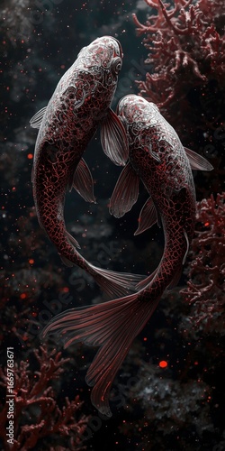 Elegant Yin Yang Koi Fish Art with Red and Silver Glow – Symbol of Balance and Harmony