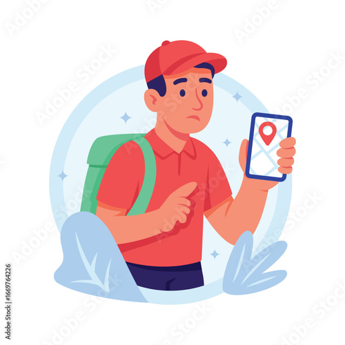 Bearded courier shows order confirmation on mobile delivery app.