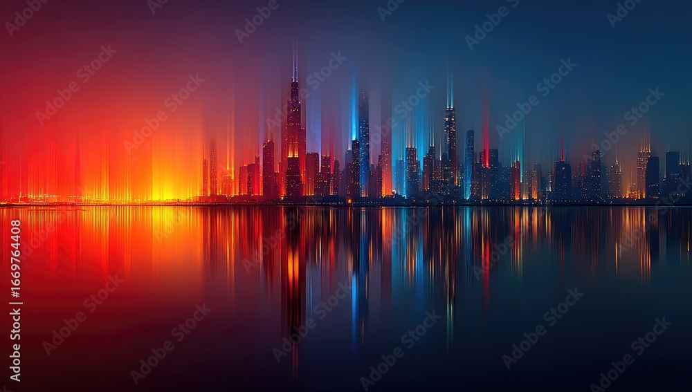 Fototapeta premium Vibrant city skyline at twilight, reflected in still water