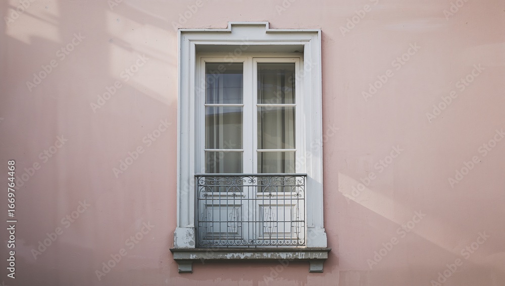 Fototapeta premium White Window with Balcony on Pink Wall