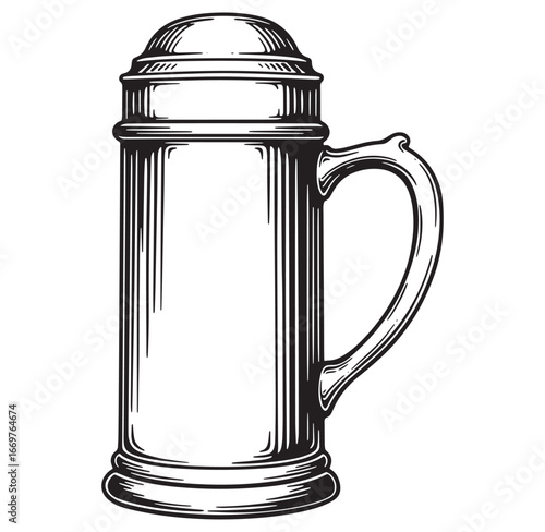 Intricate hand drawn illustration of a classic german beer stein with lid