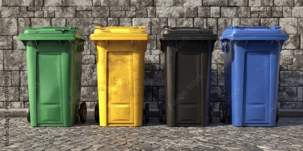 Naklejka premium The Trash Bins Lined Up Against Stone Wall On Sunny Urban Street