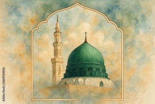 Watercolor painting of the prophet s mosque in medina with green dome and minaret
