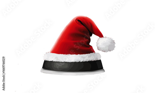 A classic red Santa hat with a white fluffy fur trim is a traditional Christmas symbol, perfect for holiday celebrations
