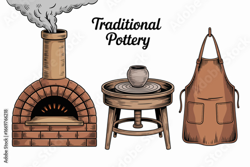 Essential Tools for Traditional Pottery Craft An Artisan's Workshop Set Featuring a Rustic Brick Kiln, Manual Potter's Wheel, and Practical Apron for Ceramics Creation