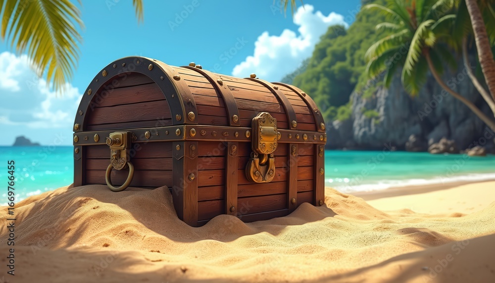 Fototapeta premium Wooden treasure chest with metal fittings half-buried in sand on tropical beach. Clear blue ocean, lush green island backdrop under sunny sky. Adventure, pirate loot, hidden riches, exploration theme.
