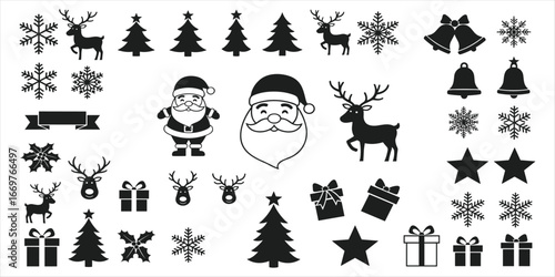 Christmas Icons Silhouette Collection Festive Holiday Elements Reindeer Santa Claus vector illustration
