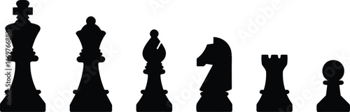 Chess pieces silhouette, king, queen, bishop, knight, rook, pawn, black icons, strategy, game, isolated, vector, symbols, classic, tournament, abstract, minimal, flat design