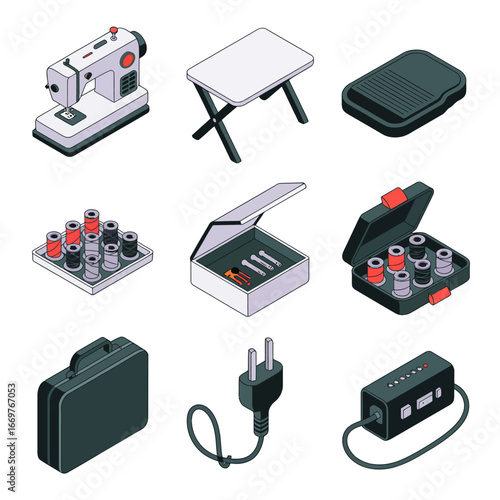Isometric Sewing Set Vector Illustration Sewing Machine, Foot Pedal, Spools and Craft Tools Design
