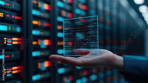 Cloud based access control, A person holds a holographic display showcasing data against a backdrop of illuminated server racks, symbolizing technology and data management.