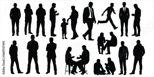 Collection of Diverse Human Silhouettes in Various Poses on White Background people woman